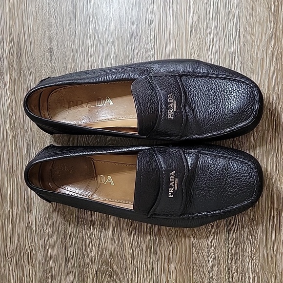 Prada Milano Black Pebbled Leather Penny Loafers Driver Shoes Logo Men's 5 GUC - Picture 1 of 13